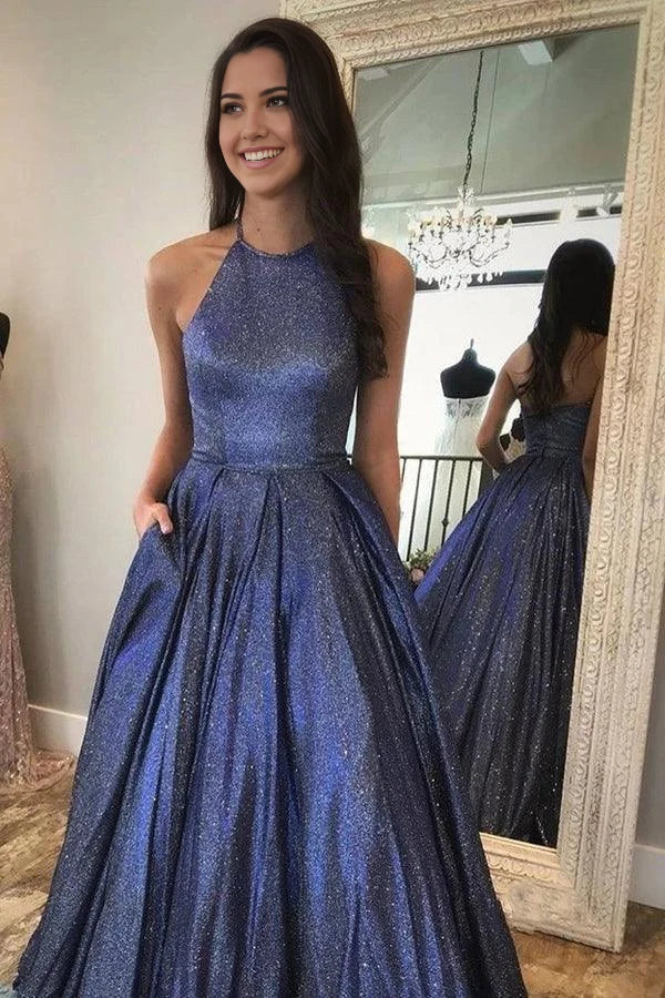 Vestido de fiesta largo con cuello halter, brillante y bonito, corte A